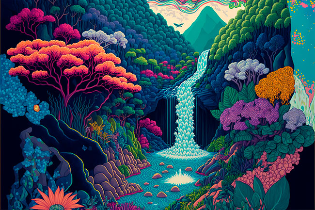 Fotomural o papel pintado ilustracion jungla cascada naturaleza